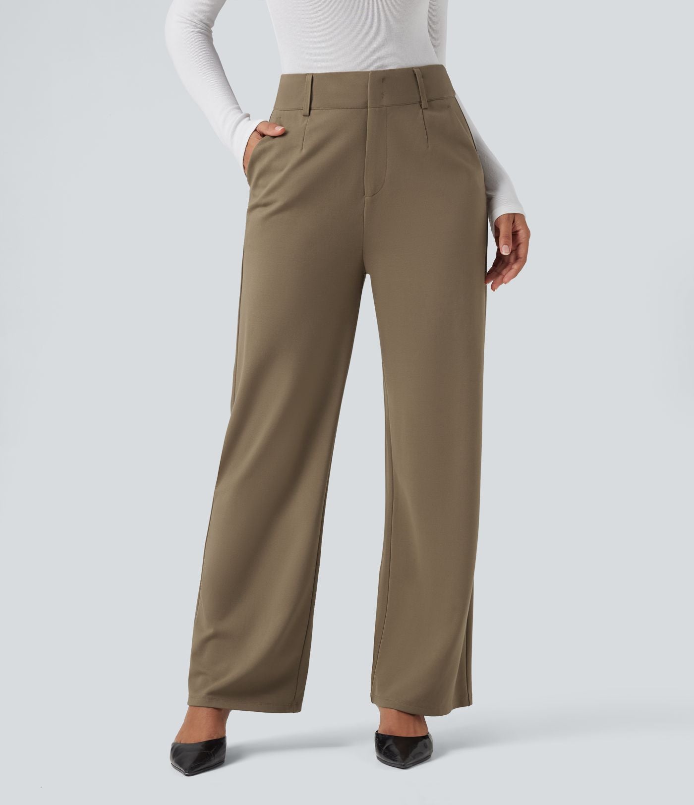 Pantalon tailleur coupe droite taille haute avec poches