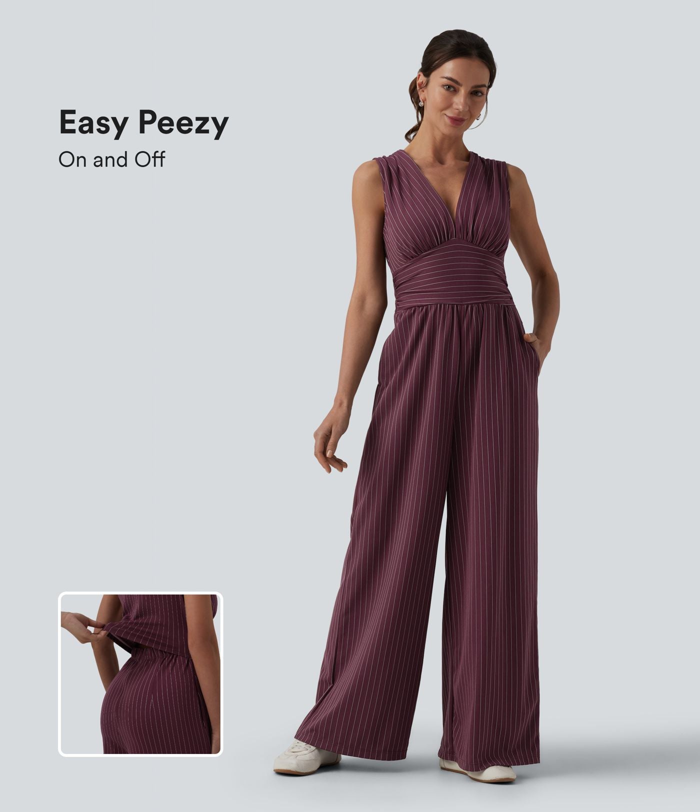 Combinaison tailleur col V sans manches à rayures et fronces avec poches - Easy Peasy