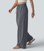 Pantalon large décontracté taille mi-haute avec cordon de serrage aspect lin avec poches