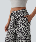 Pantalon ample décontracté taille mi-haute avec nœud devant imprimé léopard avec poches