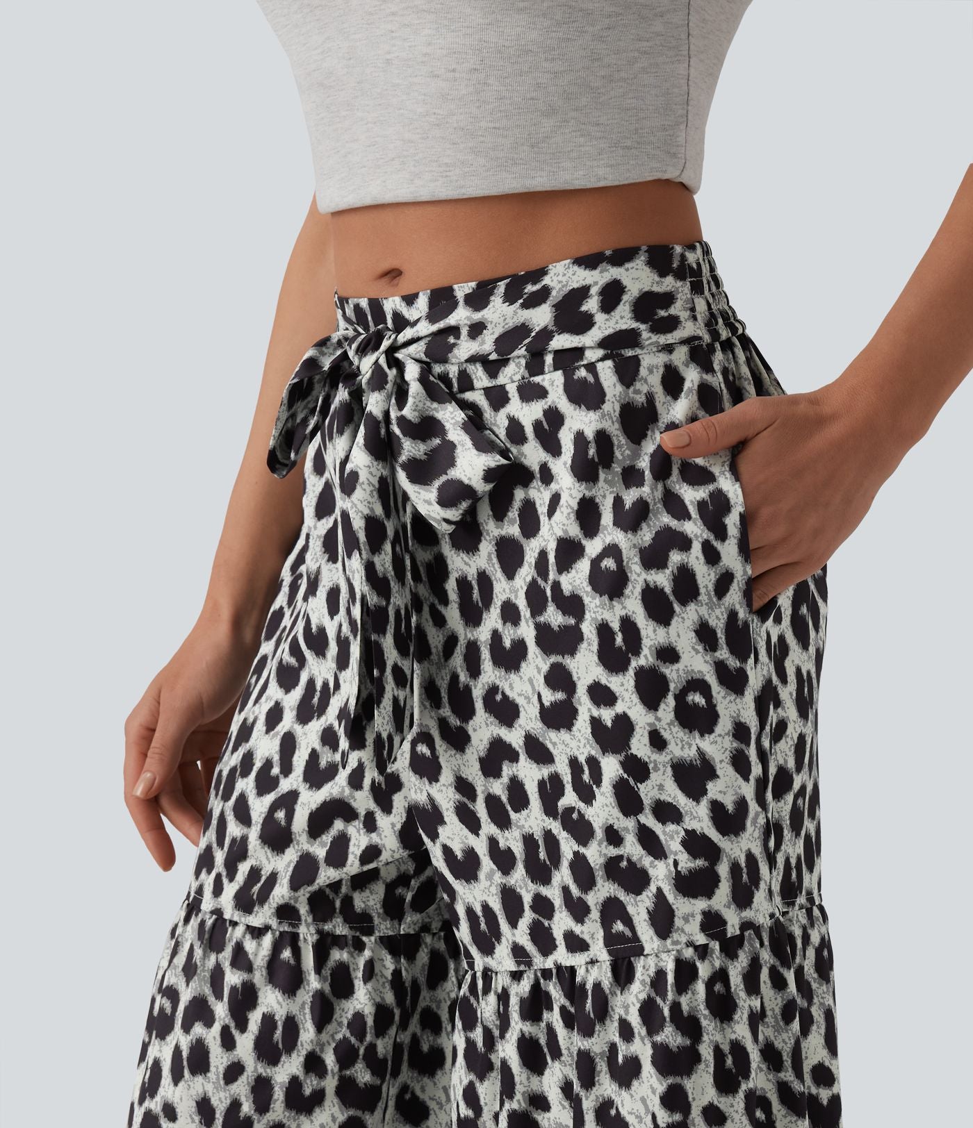 Pantalon ample décontracté taille mi-haute avec nœud devant imprimé léopard avec poches