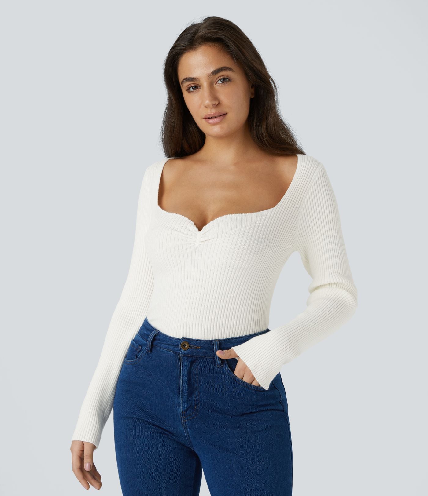 Pull décontracté moulant à col cœur et manches longues