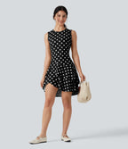Robe mini casual à pois col rond sans manches ourlet à volants superposés