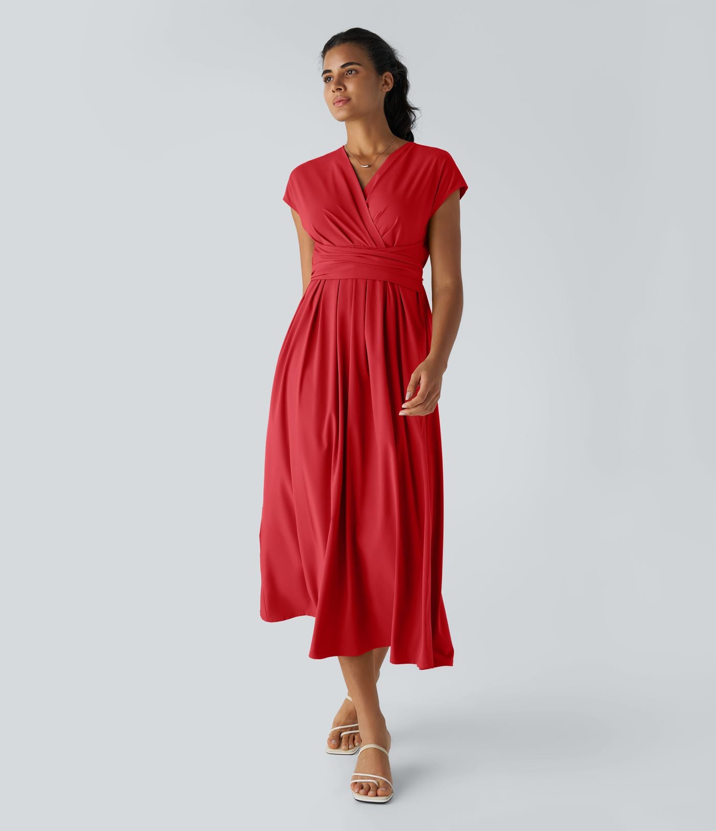 Breezeful™ Robe Mi-Longue Col en V Manches Courtes Poche Latérale Nouée au Dos Séchage Rapide
