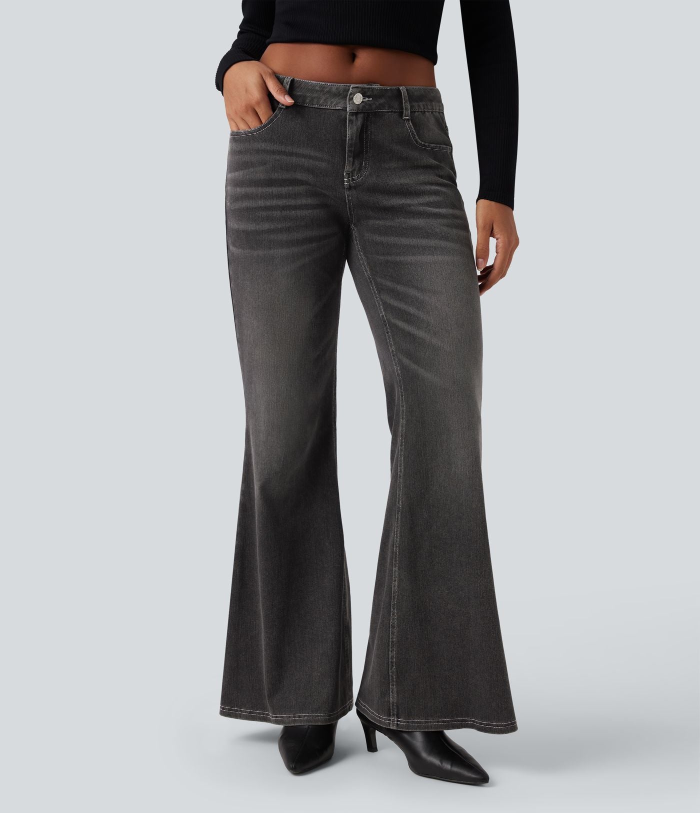 Halara Flex™ Jean évasé décontracté délavé taille basse avec poches