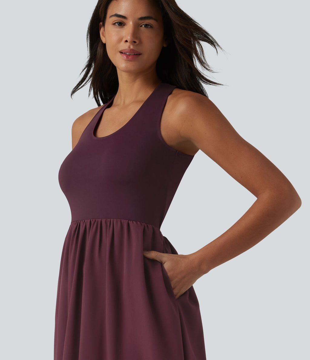 Robe casual mi-longue col U dos nu à bretelles croisées avec poches