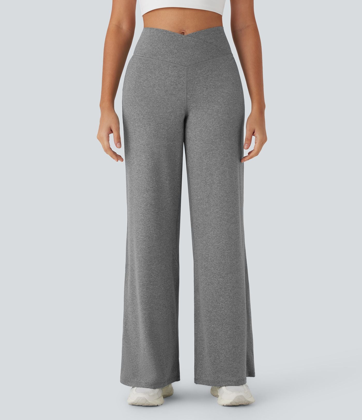 Pantalon de yoga à jambe large avec taille haute croisée et poche arrière