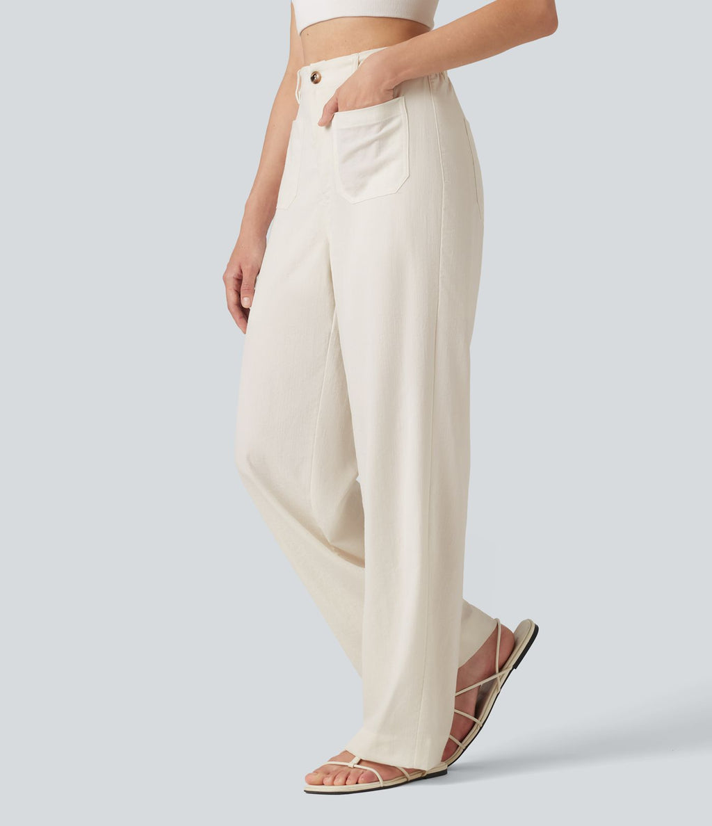 Pantalon décontracté coupe droite taille haute aspect lin avec poches