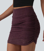 Jupe mini moulante en dentelle 2 en 1, taille haute, ourlet arrondi et froncé, idéale pour demoiselles d'honneur et invitées de mariage