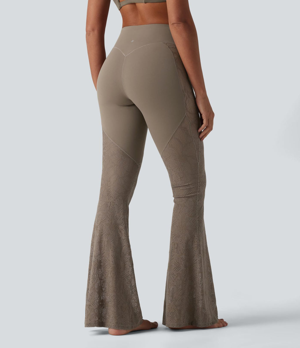 Pantalon de yoga évasé gainant taille haute avec dentelle contrastée et poche Halara UltraSculpt™