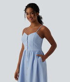 Robe midi bretelles à rayures froncée avec poches