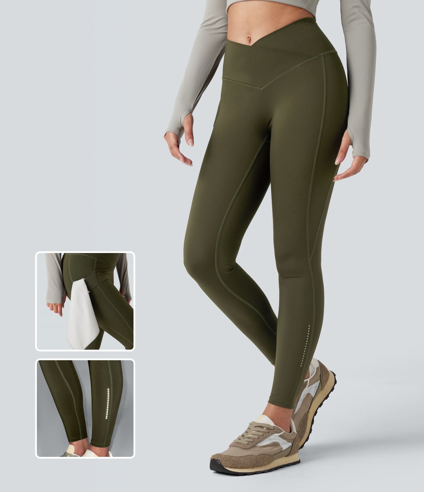 Legging de randonnée 7/8 résistant à l'usure taille haute croisée réfléchissant avec poche