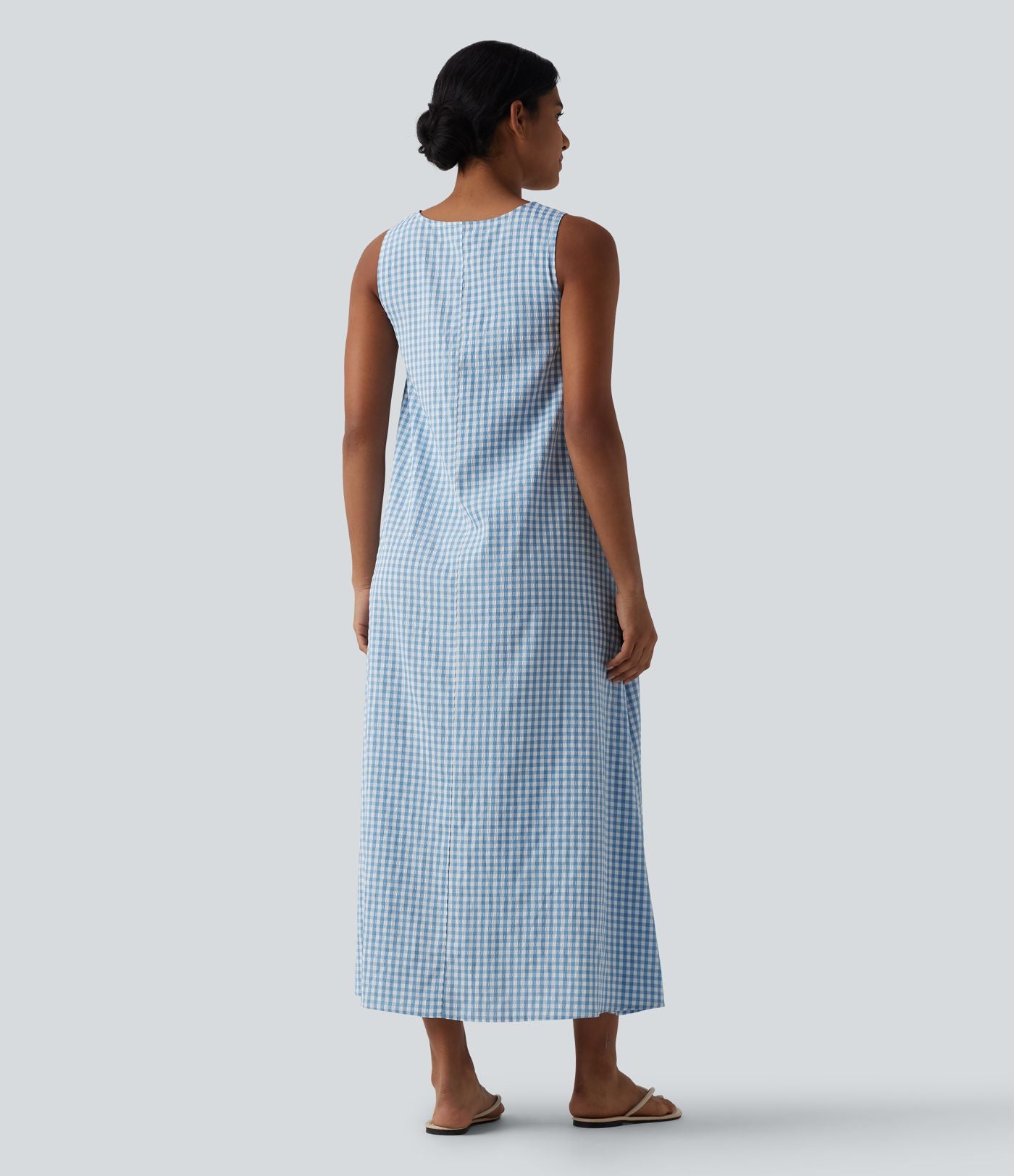 Robe débardeur midi décontractée col rond sans manches en vichy froissé avec poches