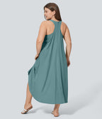 Breezeful™ Dos Nu Racerback Poche Latérale Haut Bas Fluide Midi Séchage Rapide Décontracté Robe Grande Taille