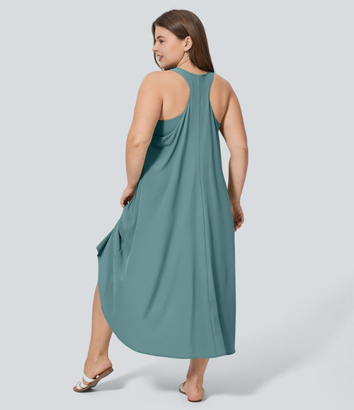 Breezeful™ Dos Nu Racerback Poche Latérale Haut Bas Fluide Midi Séchage Rapide Décontracté Robe Grande Taille