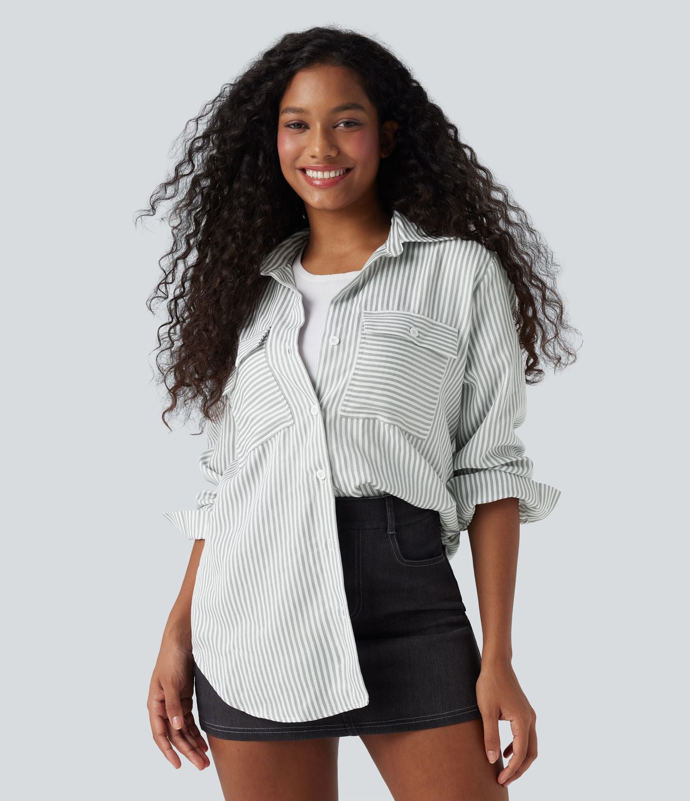 Chemise décontractée manches longues à rayures ourlet arrondi