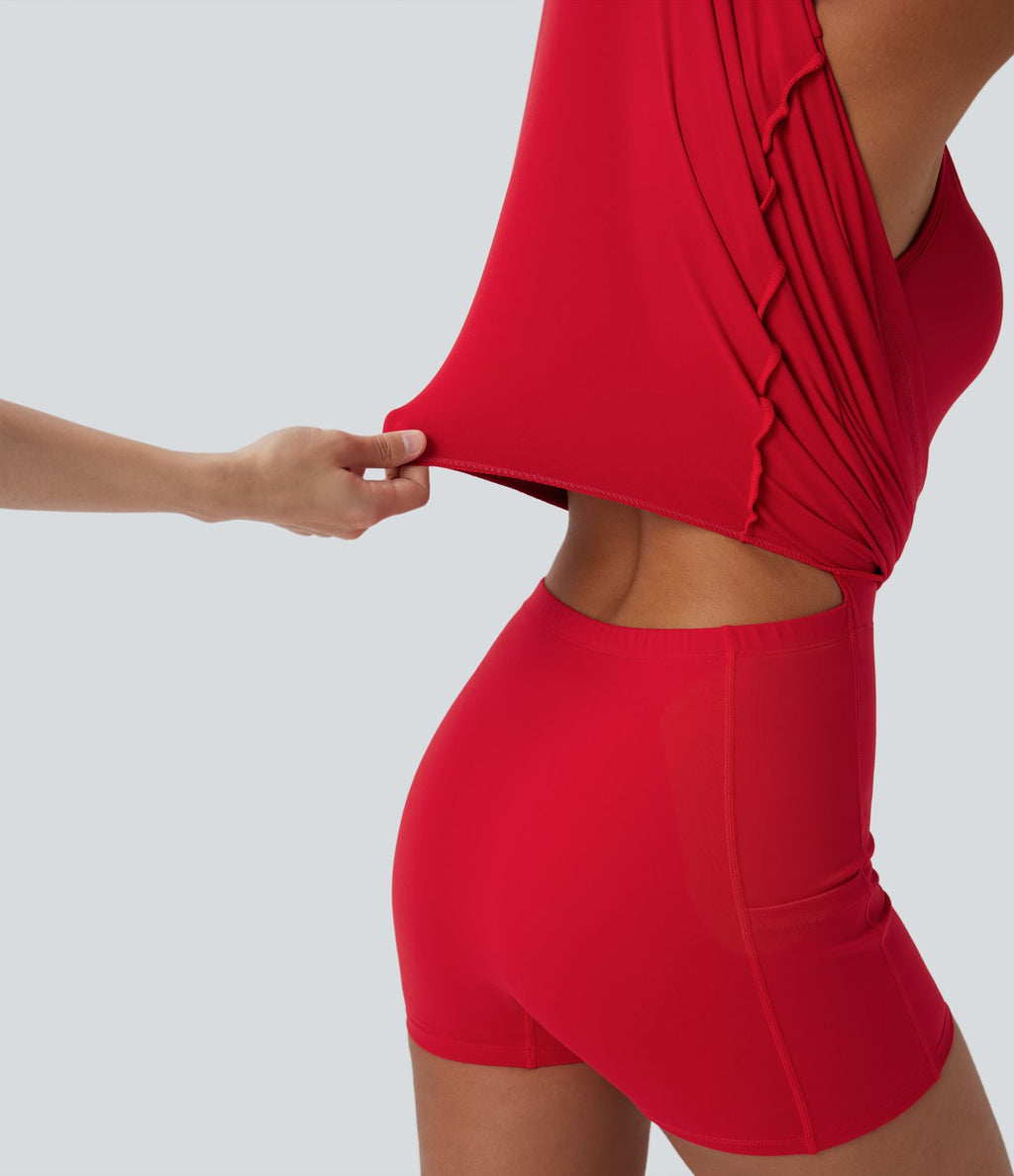 Robe de yoga active 2-en-1 Softlyzero™ Plush dos nu avec bonnets moulés push-up fermeture éclair bretelles ajustables et poches - Easy Peasy