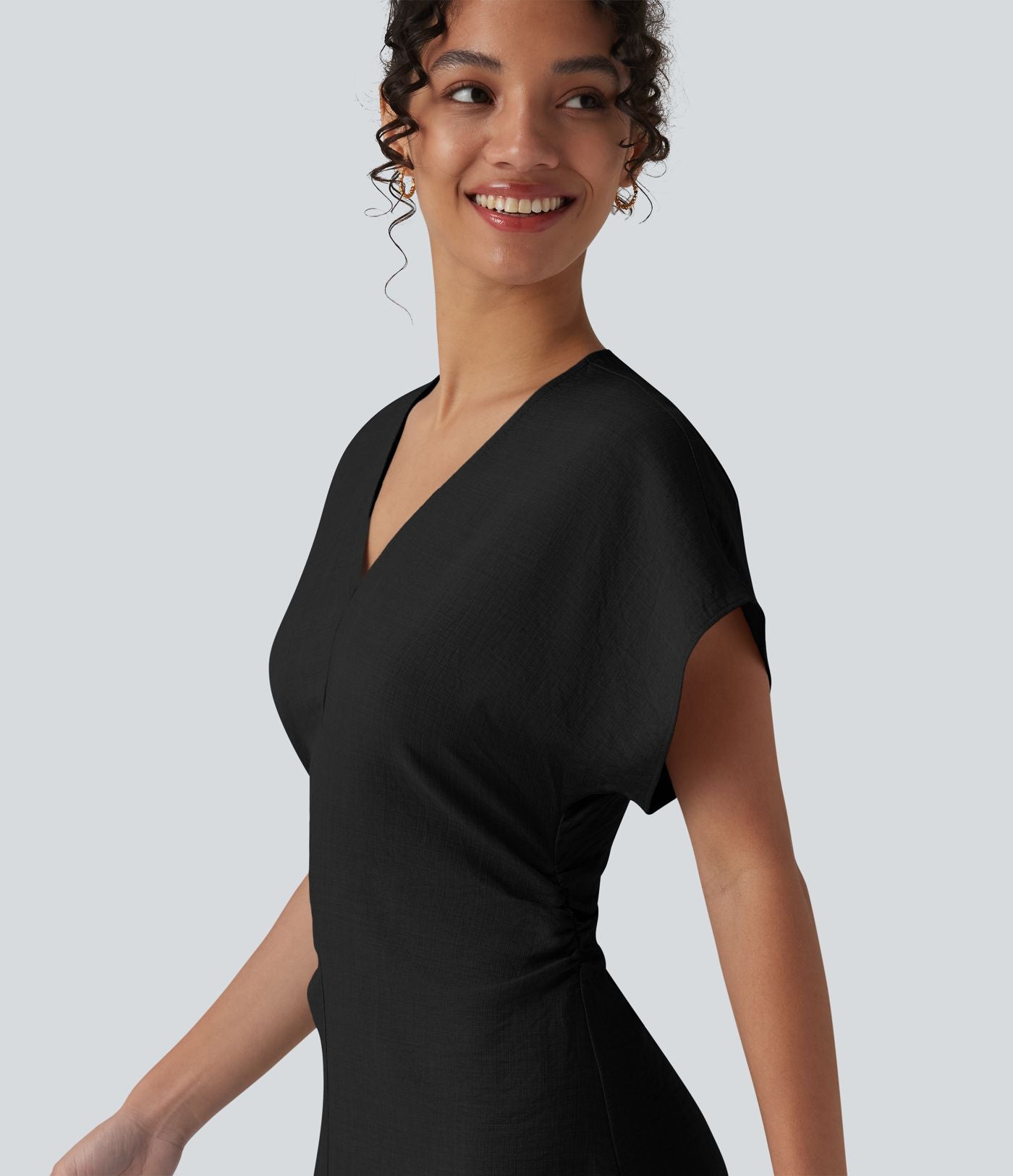 Robe longue tailleur évasée col V à manches courtes avec fermeture éclair invisible et drapé froncé