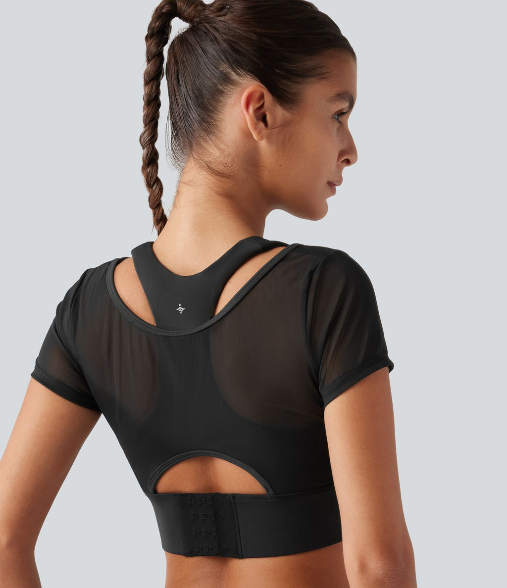 Crop top de running effet frais InstantCool à séchage rapide avec encolure bateau, mesh contrasté, manches courtes, coussinets amovibles et protection solaire UPF50+