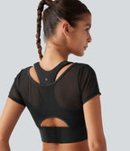 Crop top de running effet frais InstantCool à séchage rapide avec encolure bateau, mesh contrasté, manches courtes, coussinets amovibles et protection solaire UPF50+
