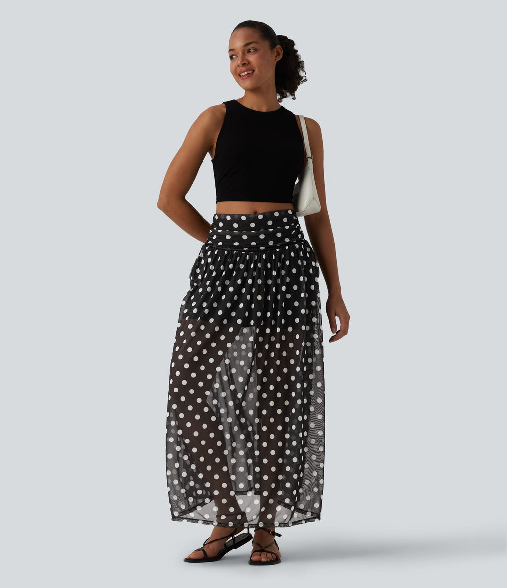Jupe maxi fluide décontractée maille pois gainante taille haute avec poches