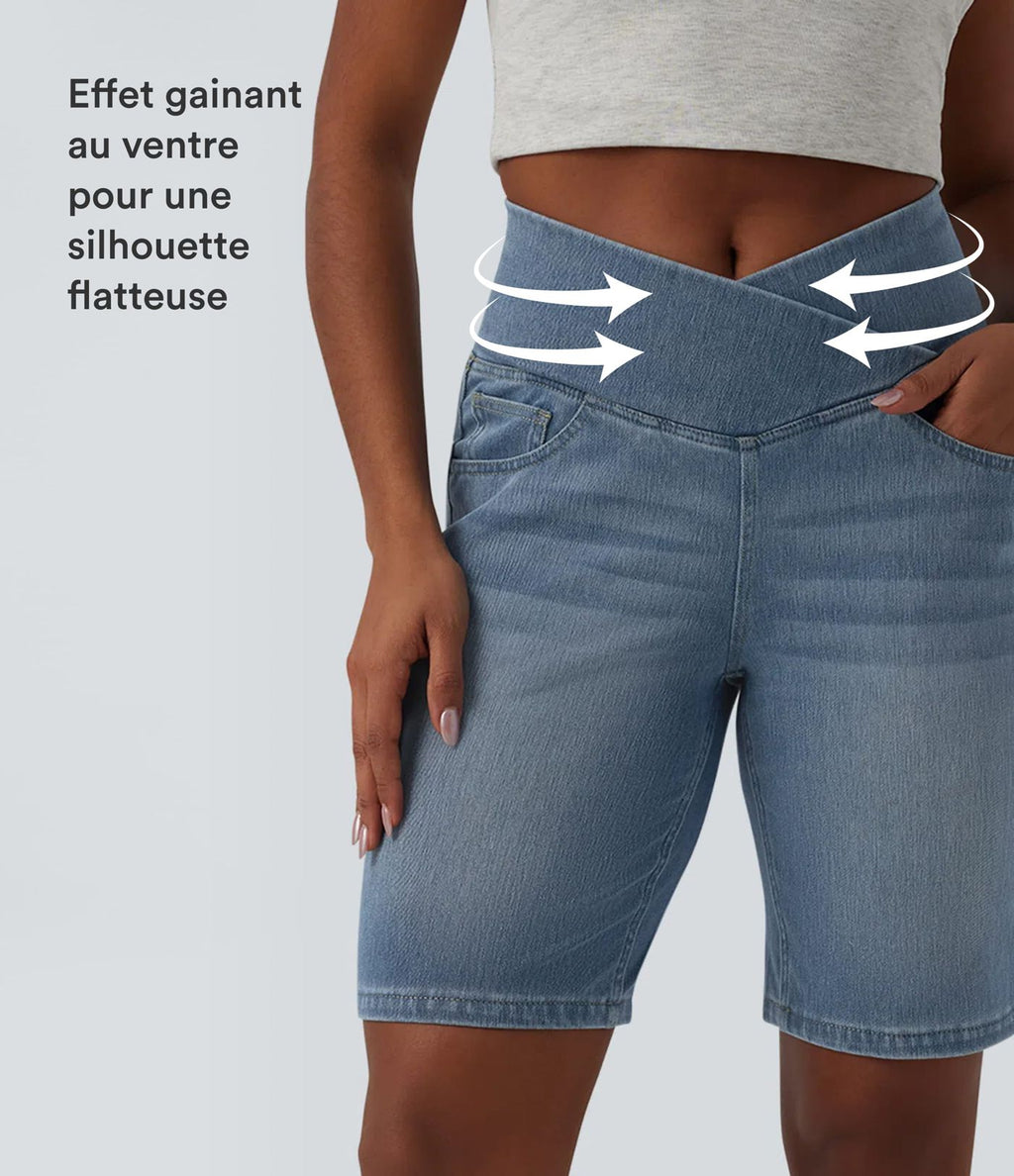 Short en jean Halara Flex™ casual gainant taille haute croisée avec poches