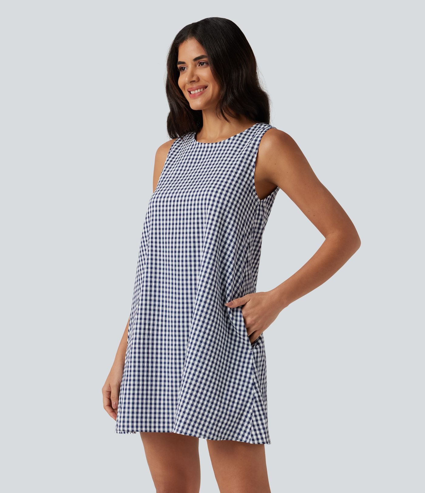 Robe débardeur mini décontractée col rond sans manches en vichy froissé avec poches
