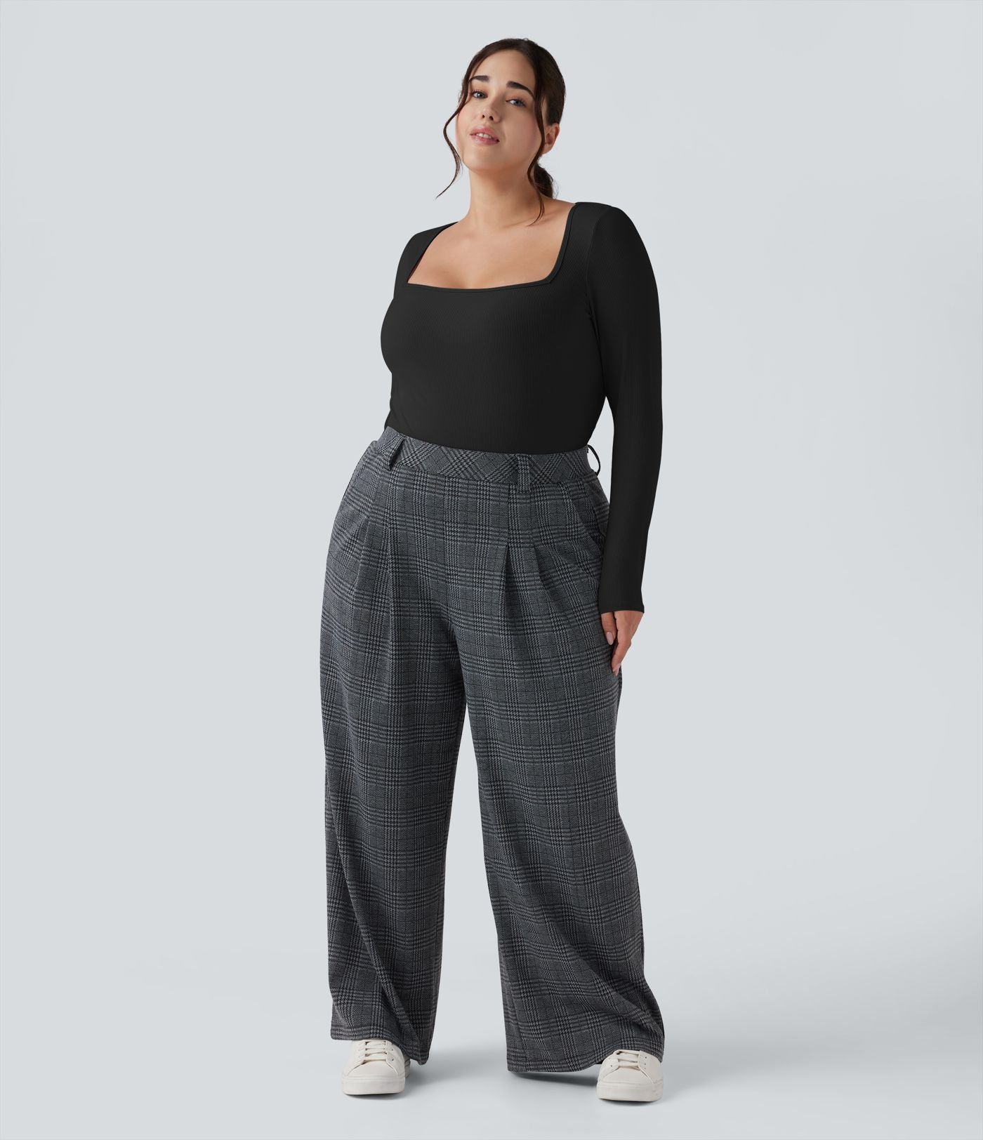 Body grande taille maille côtelée col carré manches longues ajusté