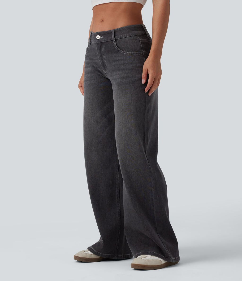 Halara Flex™ Jean Large Casual Taille Basse avec Boutons Zip Multiples Poches Lavés Élastiques et Tricotés