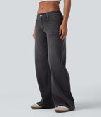 Halara Flex™ Jean Large Casual Taille Basse avec Boutons Zip Multiples Poches Lavés Élastiques et Tricotés
