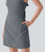 Robe mini vichy à col carré avec lien à nouer au dos et poches
