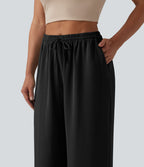 Pantalon large décontracté taille mi-haute avec cordon de serrage aspect lin avec poches