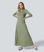 Robe Casual Maxi à Col Montant Manches Longues Évasées