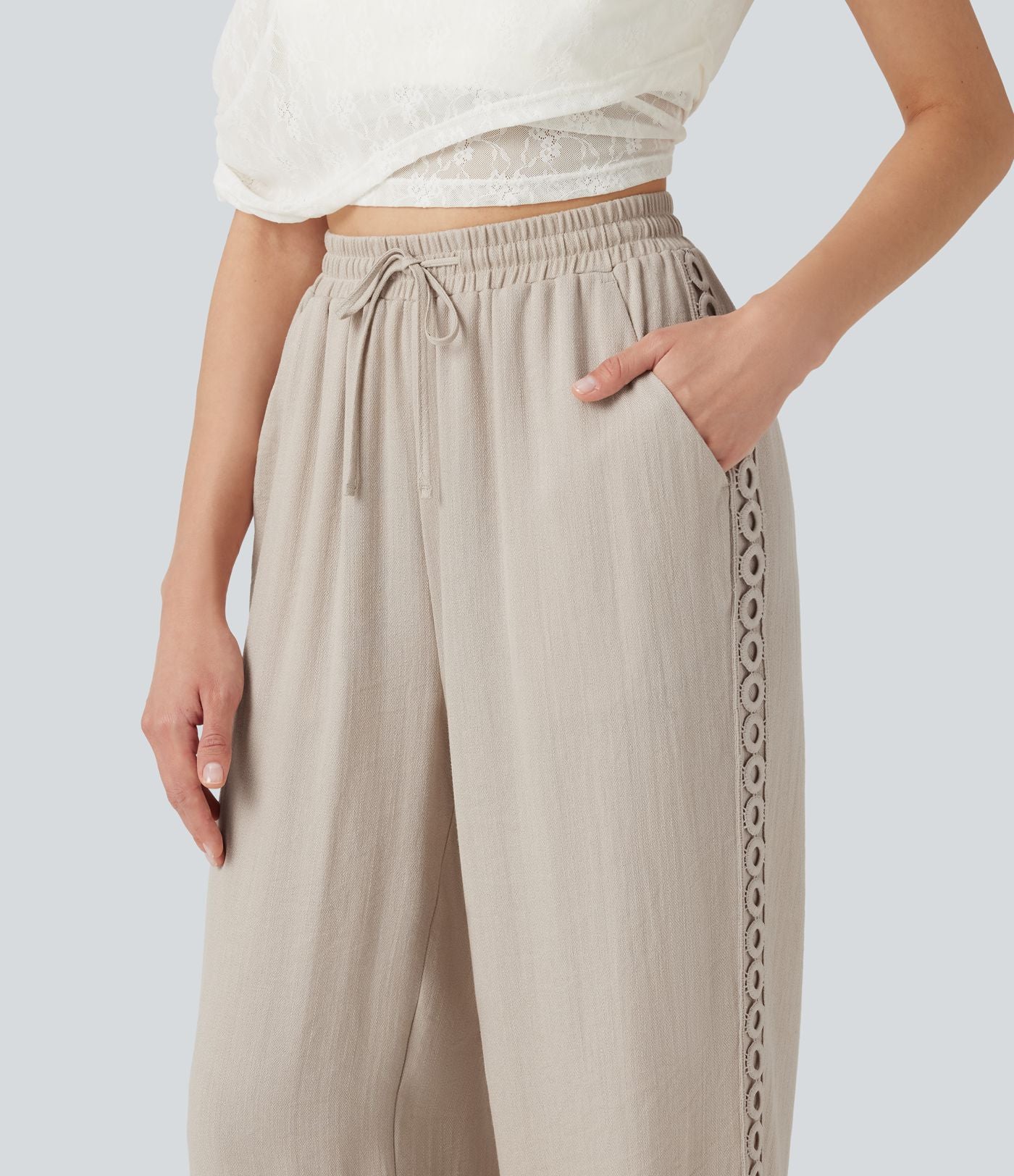Pantalon décontracté taille haute à cordon de serrage, effet lin, avec poches