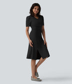 Robe midi casual col V manches courtes