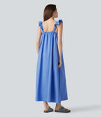Robe casual fluide midi sans manches col carré avec bordure à volants et poches