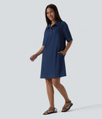 Halara Flex™ Robe courte en denim col classique manches courtes avec poches