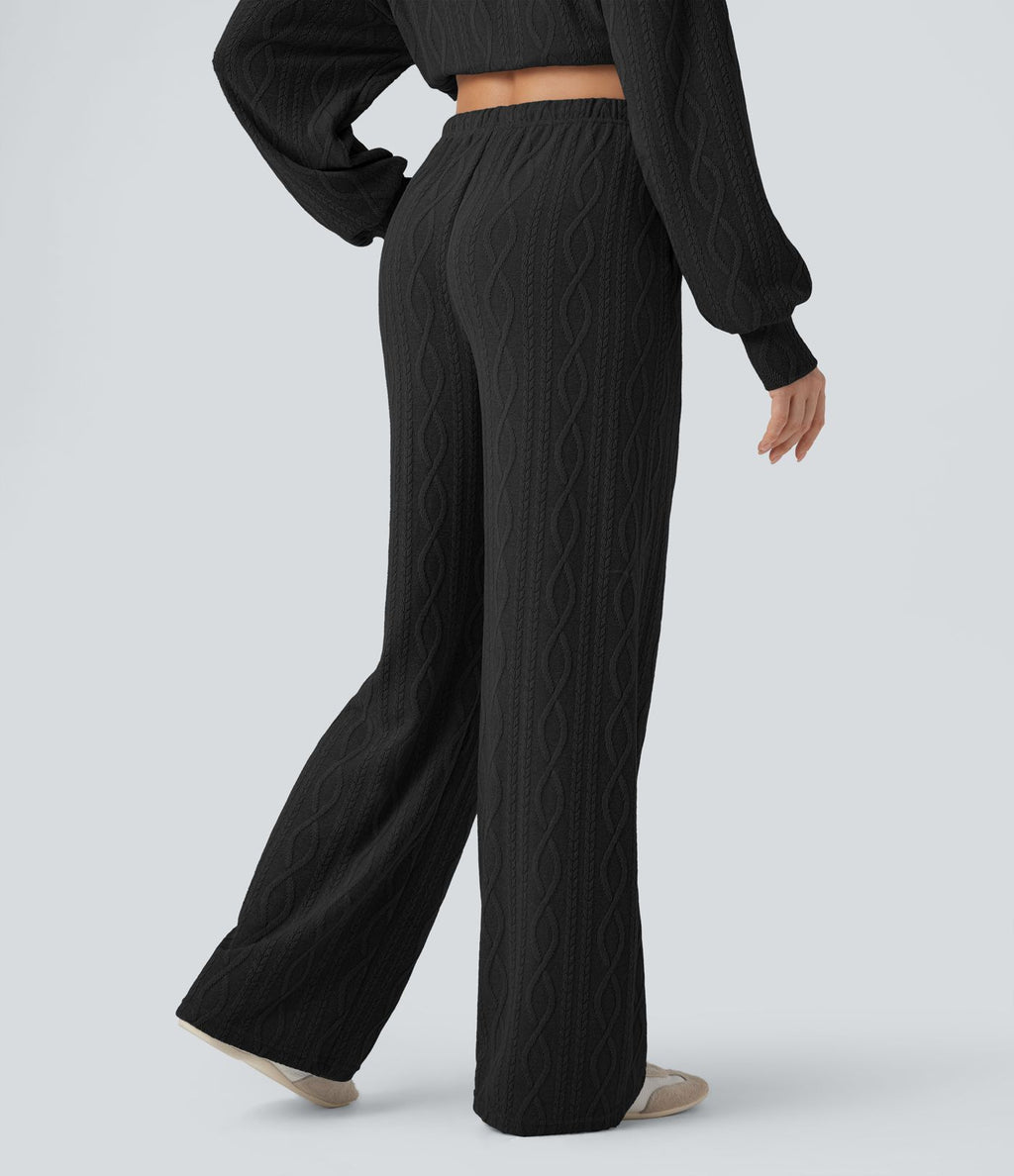 Pantalon décontracté taille haute maille torsadée avec cordon de serrage et poches