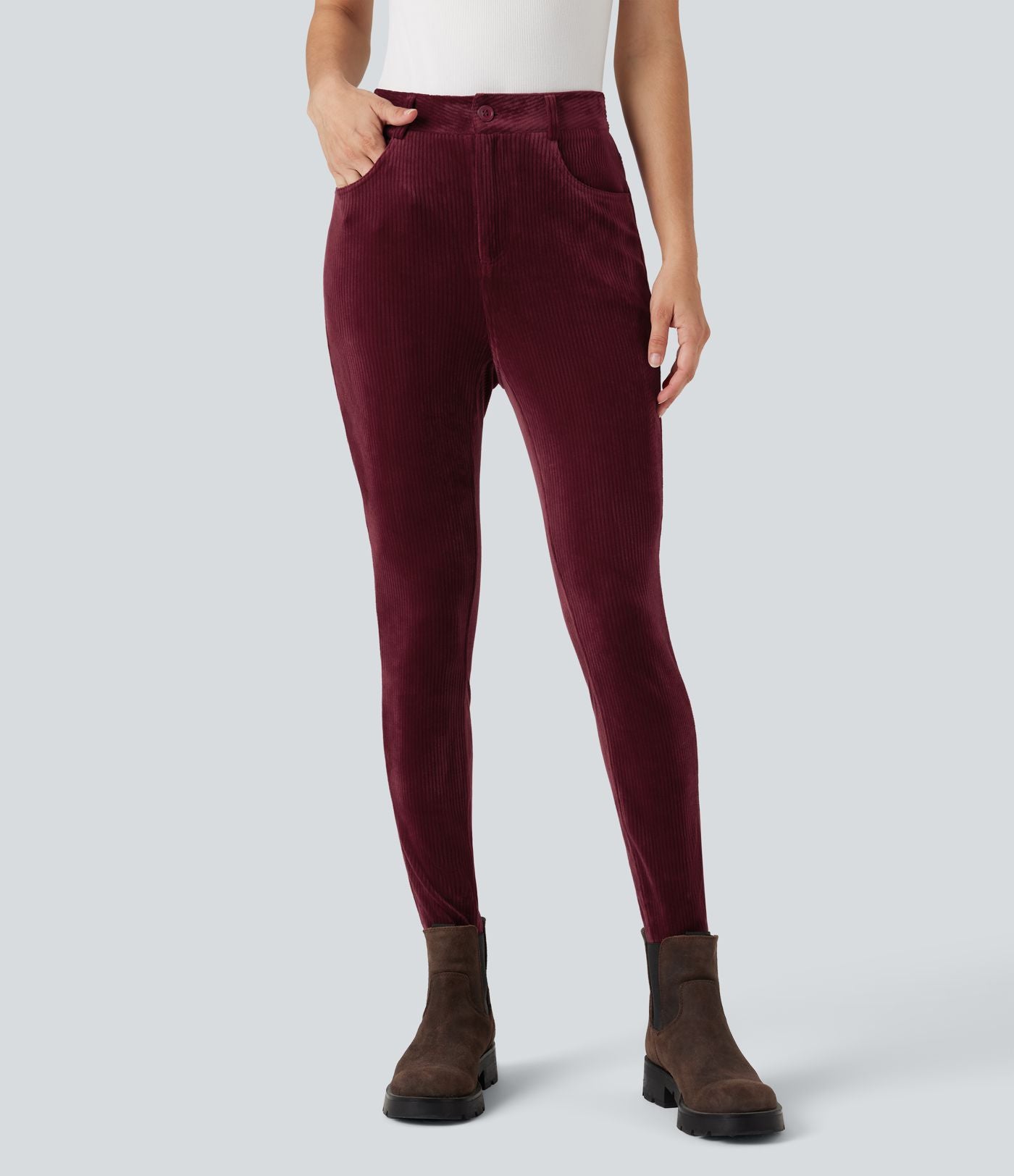 Pantalon velours côtelé taille haute avec poches