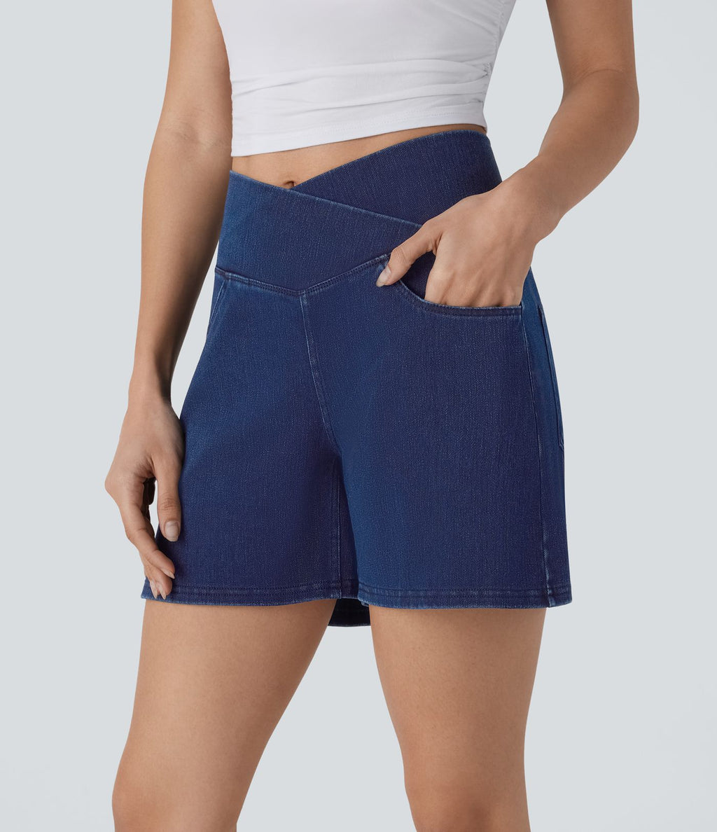 Halara Flex™ Short décontracté évasé à jambe large en denim extensible délavé taille haute croisée avec poches multiples