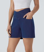 Halara Flex™ Short décontracté évasé à jambe large en denim extensible délavé taille haute croisée avec poches multiples