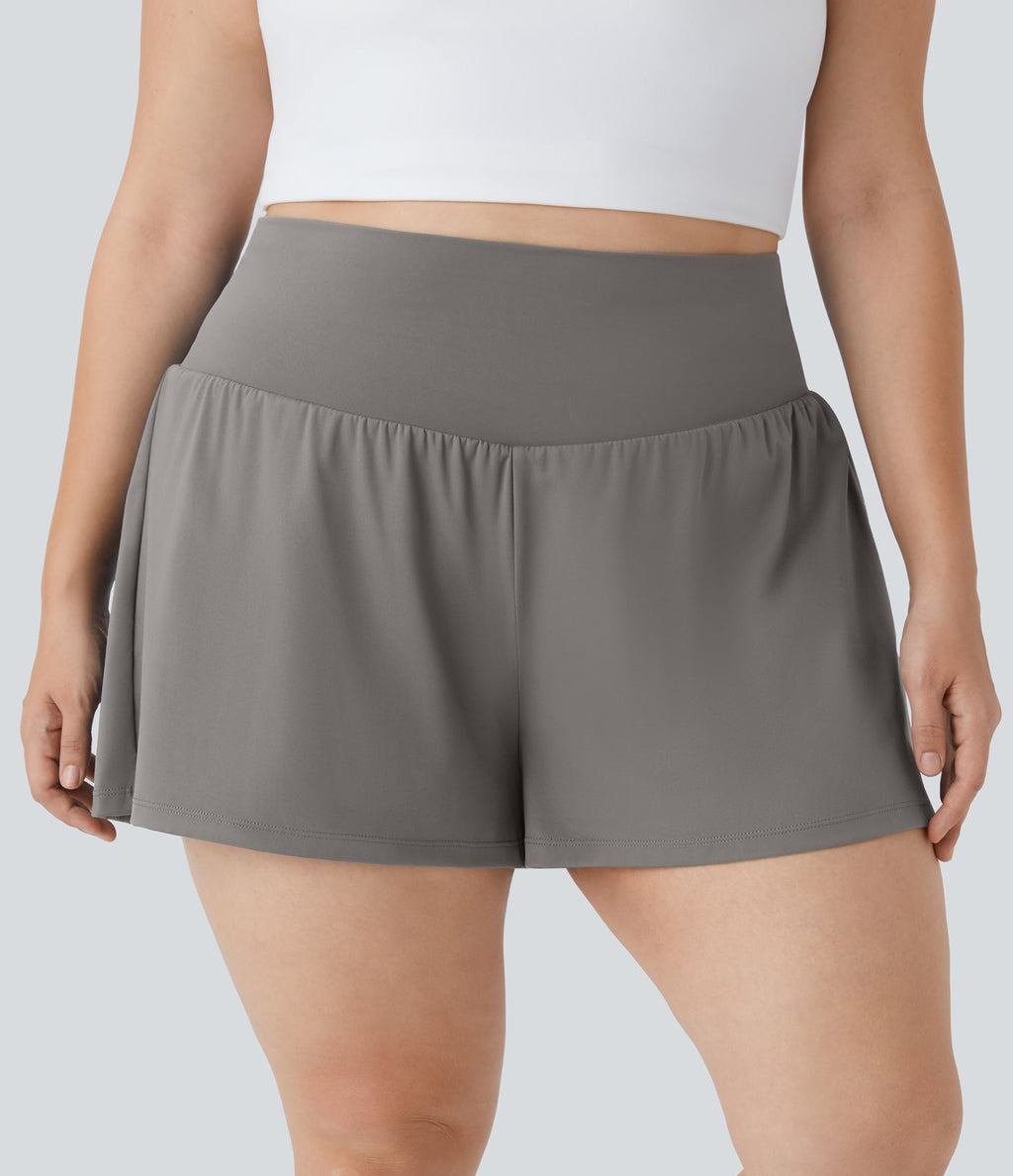 Short Yoga 10cm Plus Longue Taille Ultra Haute 2 en 1 Poche Arrière Poche Cachée Latérale Grande Taille