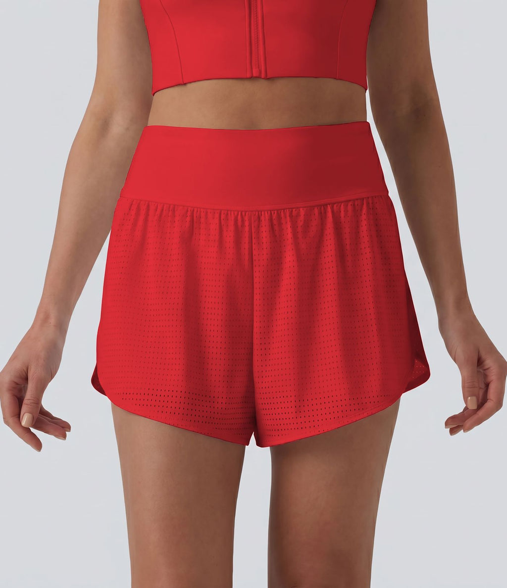Short yoga 2-en-1 gainant taille haute à pois réfléchissants, ourlet arrondi croisé et œillets avec poches