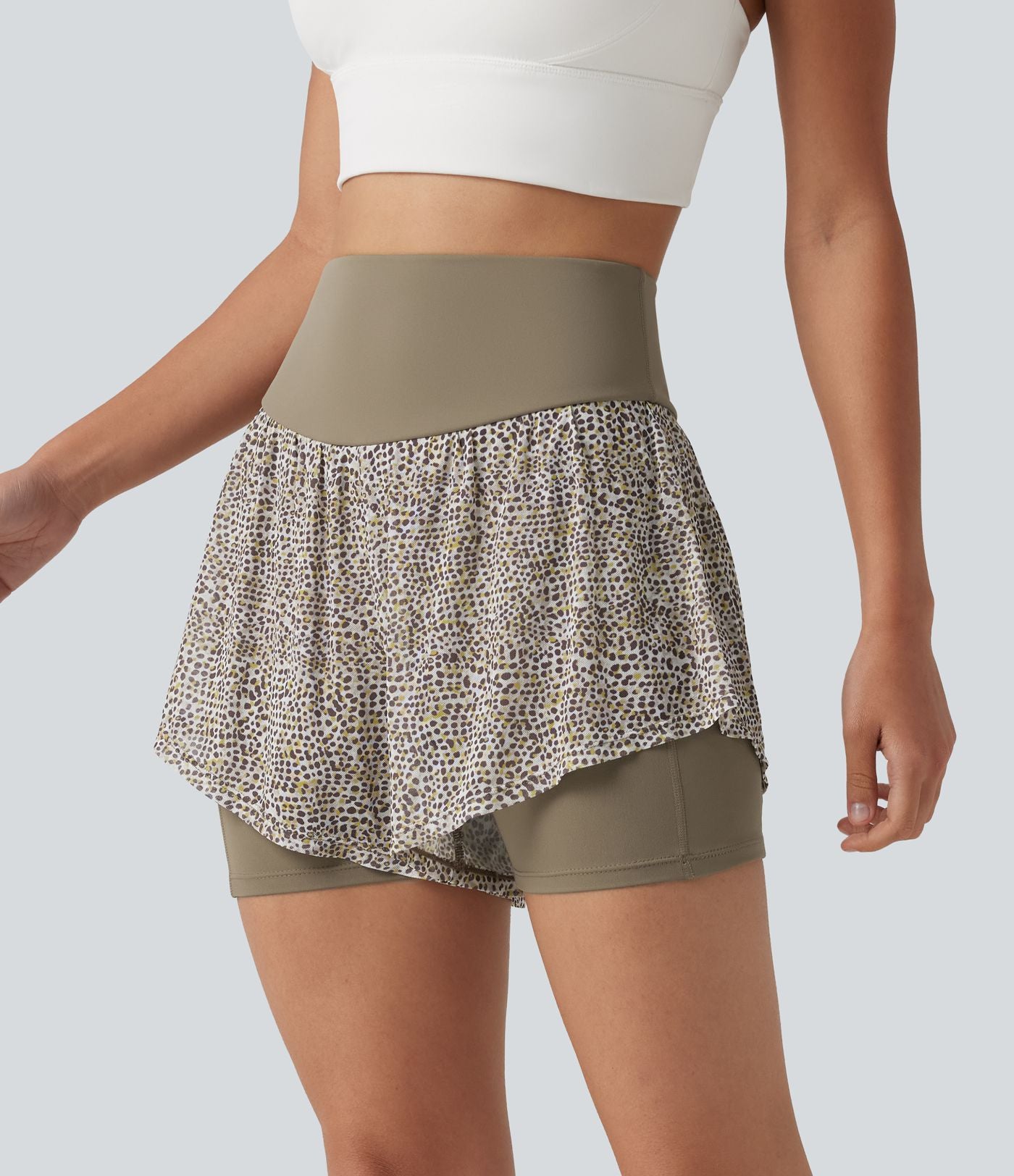 Short baggy de running 2-en-1 taille haute à imprimé léopard avec poches