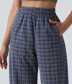 Pantalon décontracté à carreaux froissés taille haute avec poches