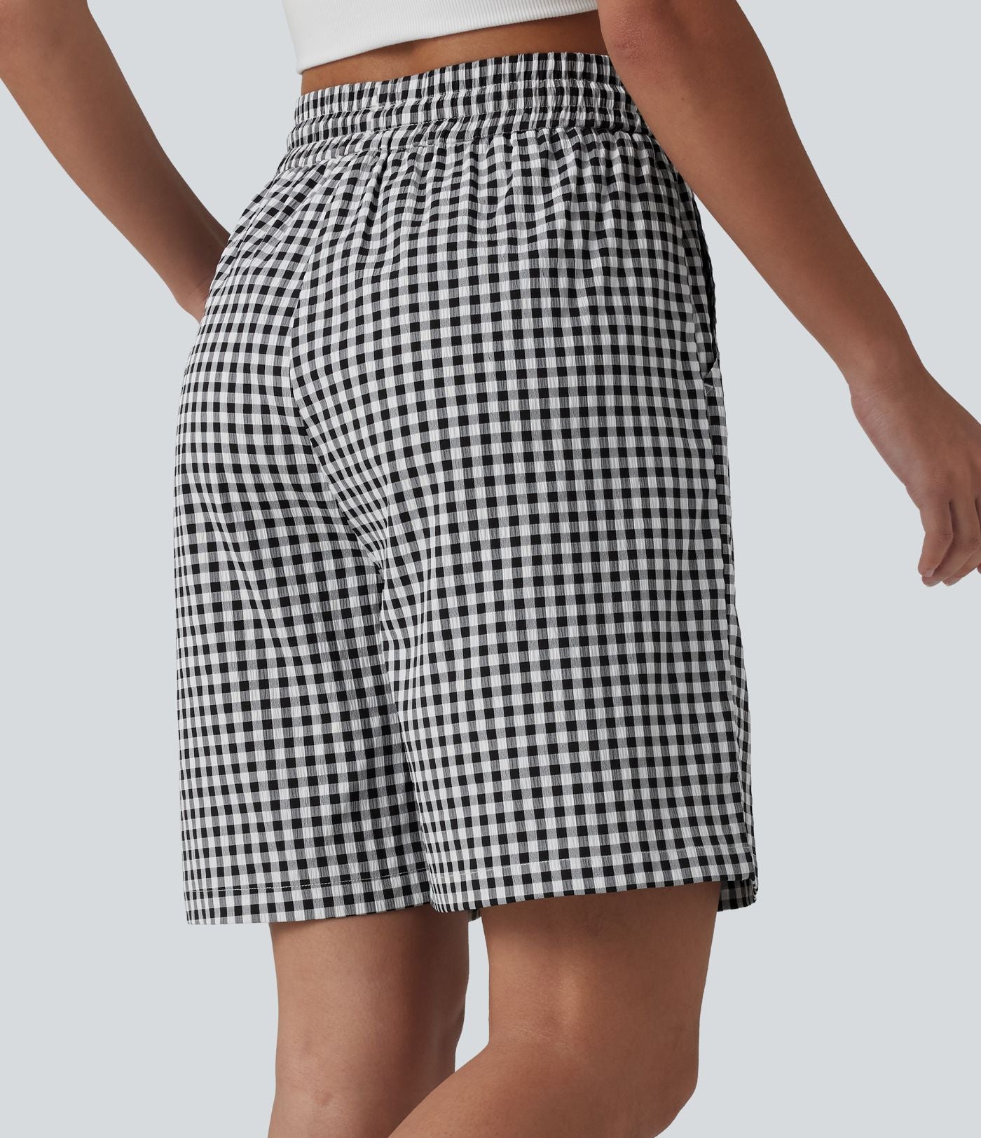 Short ample taille haute à carreaux vichy avec cordon de serrage et poches