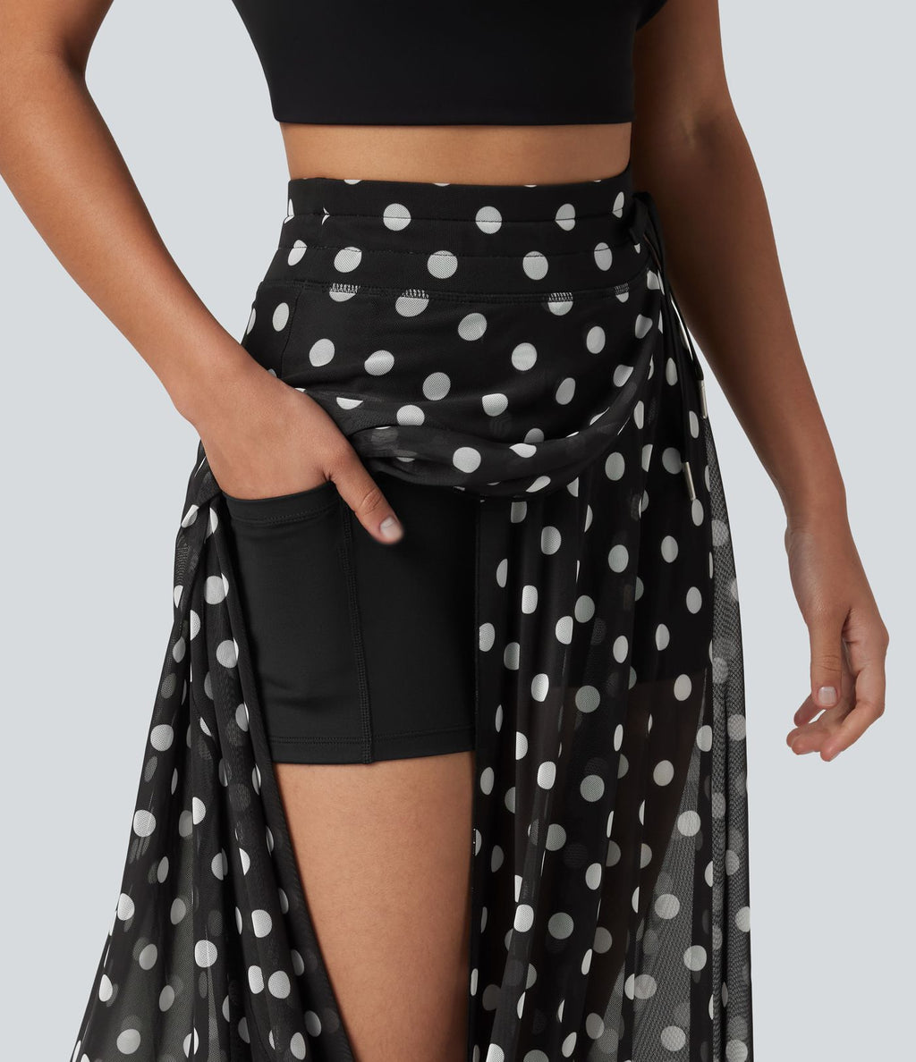 Jupe-short midi fluide évasée taille haute style vacances en mesh à pois avec cordon de serrage et poches