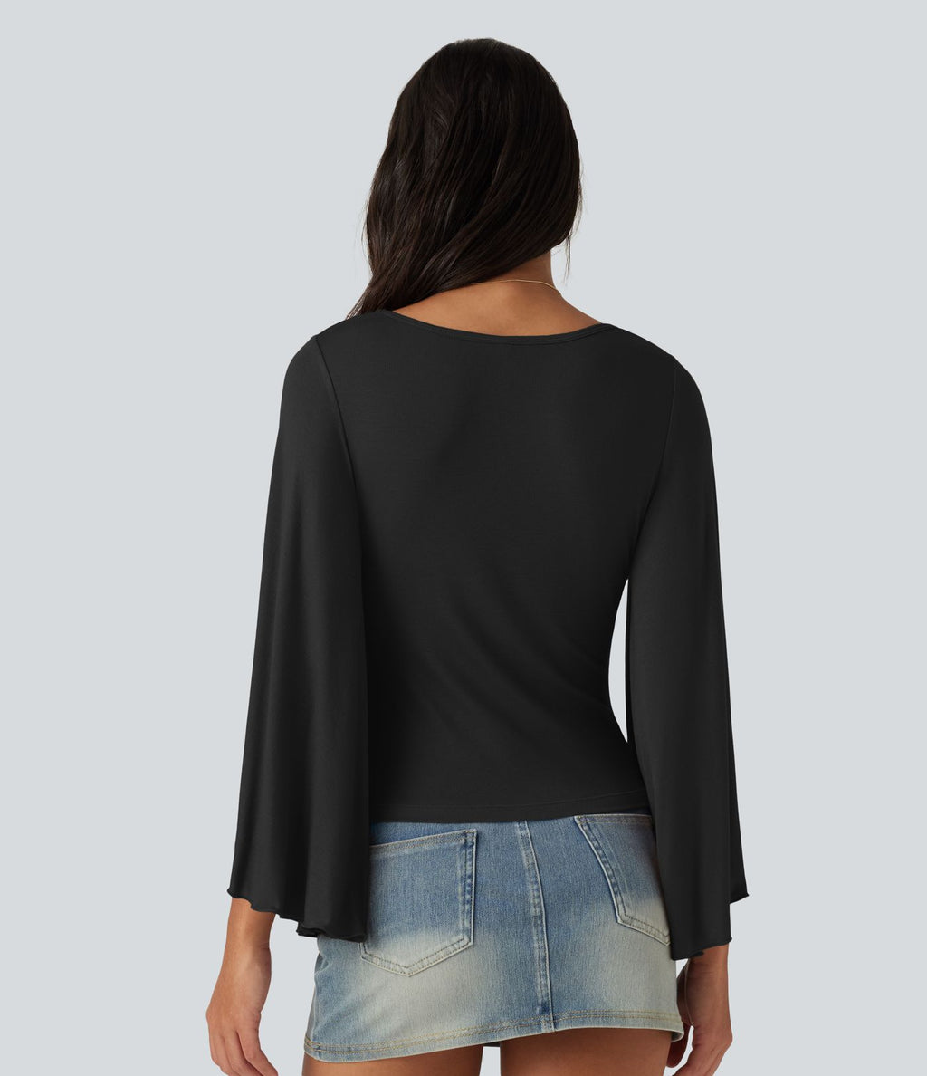 T-shirt côtelé à encolure carrée avec manches 7/8 volantées et fronces