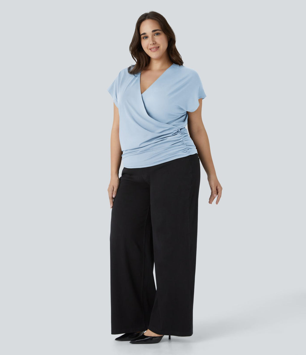 Blouse Travail Unie Froncée Croisée Manches Courtes Col en V Grande Taille