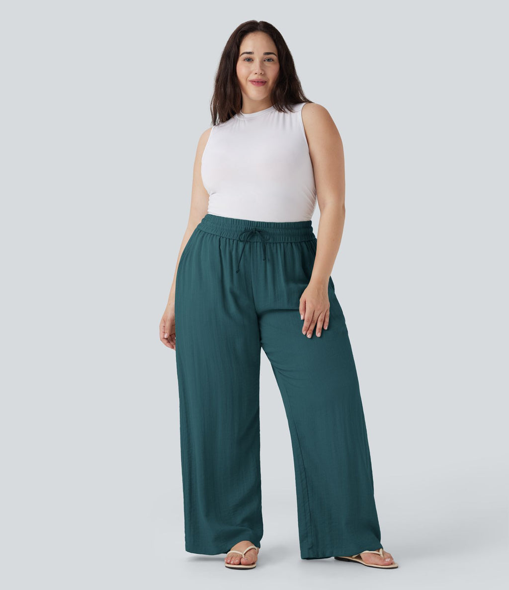 Pantalon décontracté grande taille large fluide taille haute effet lin avec cordon de serrage et poches